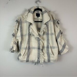 Hotel Particulier | White Plaid Fringe 3/4 Sleeve Wool Blend Jacket Size Small